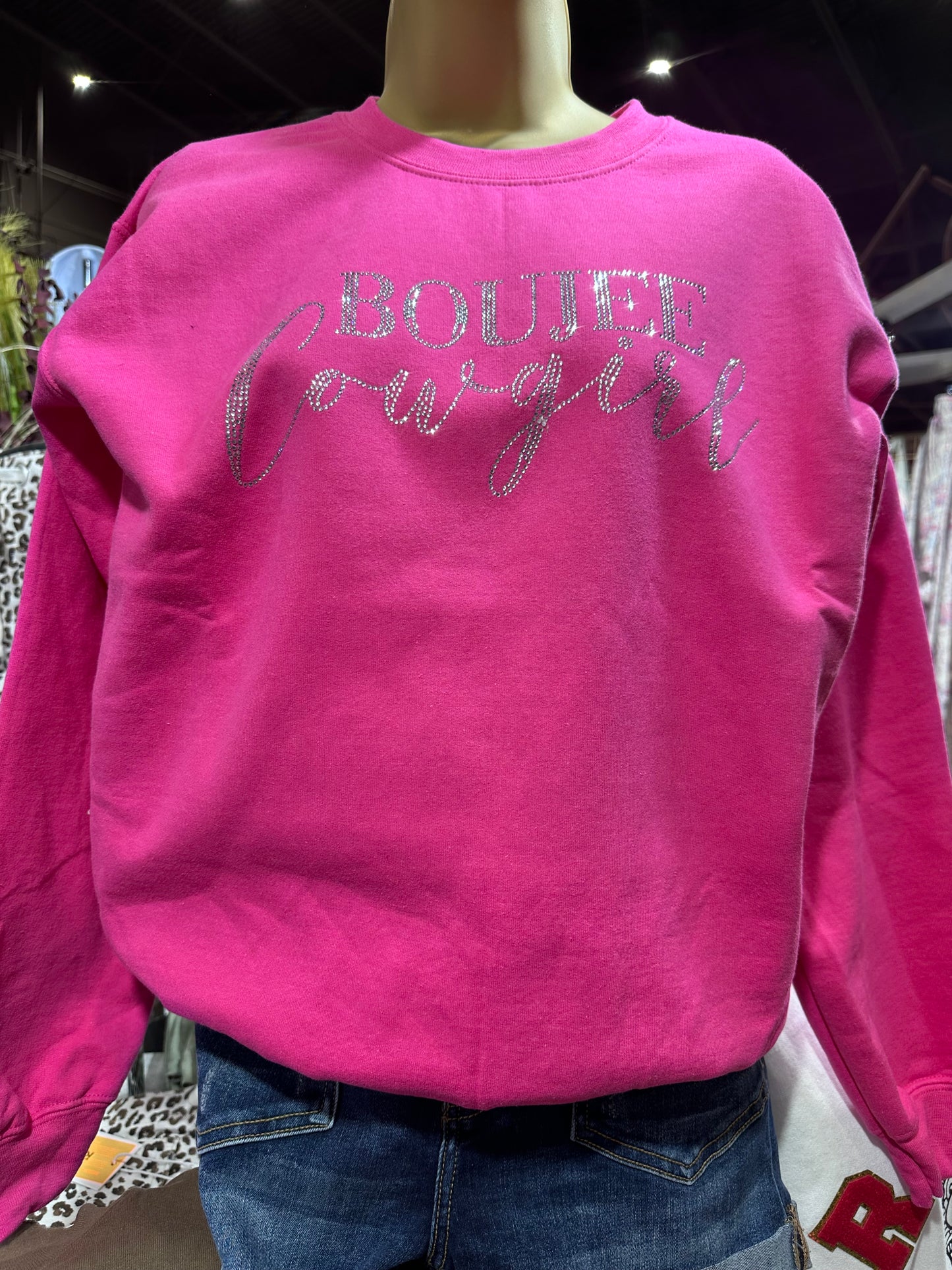 Crystal Boujee Cowgirl Sweatshirt- Hot Pink