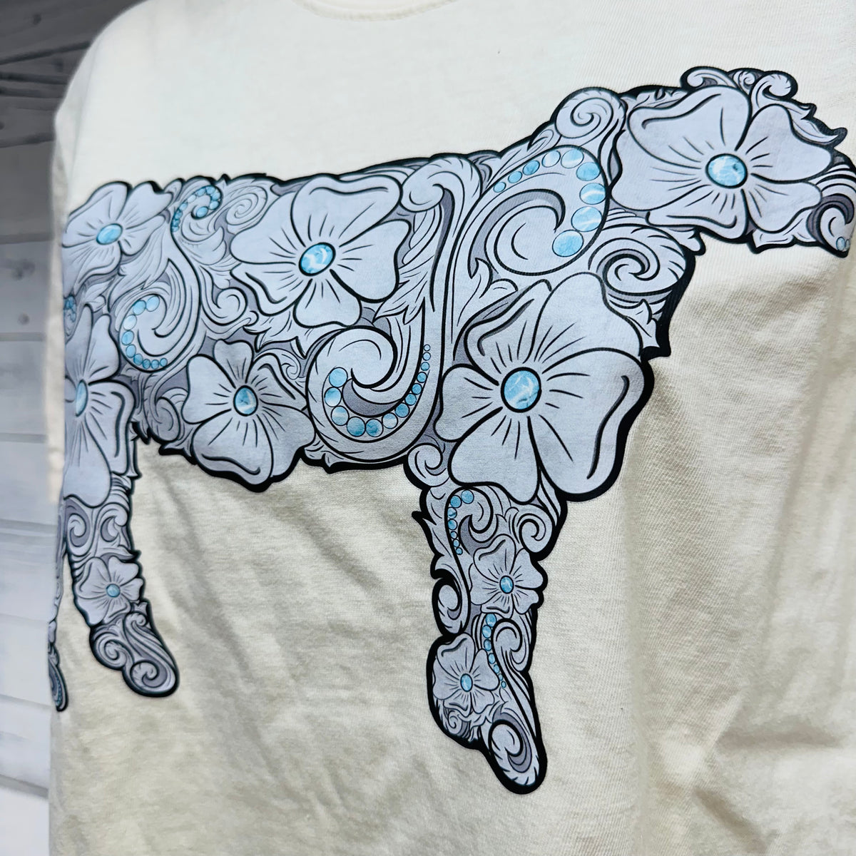 Western Tooled Turquoise Stone Steer Tee