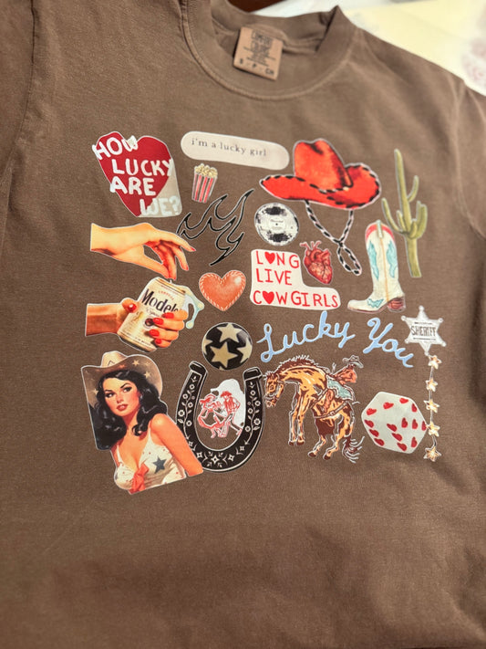 How Lucky Are We Collage Tee in Espresso- LF