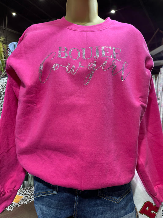 Crystal Boujee Cowgirl Sweatshirt- Hot Pink