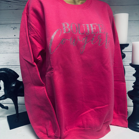 Crystal Boujee Cowgirl Sweatshirt- Hot Pink