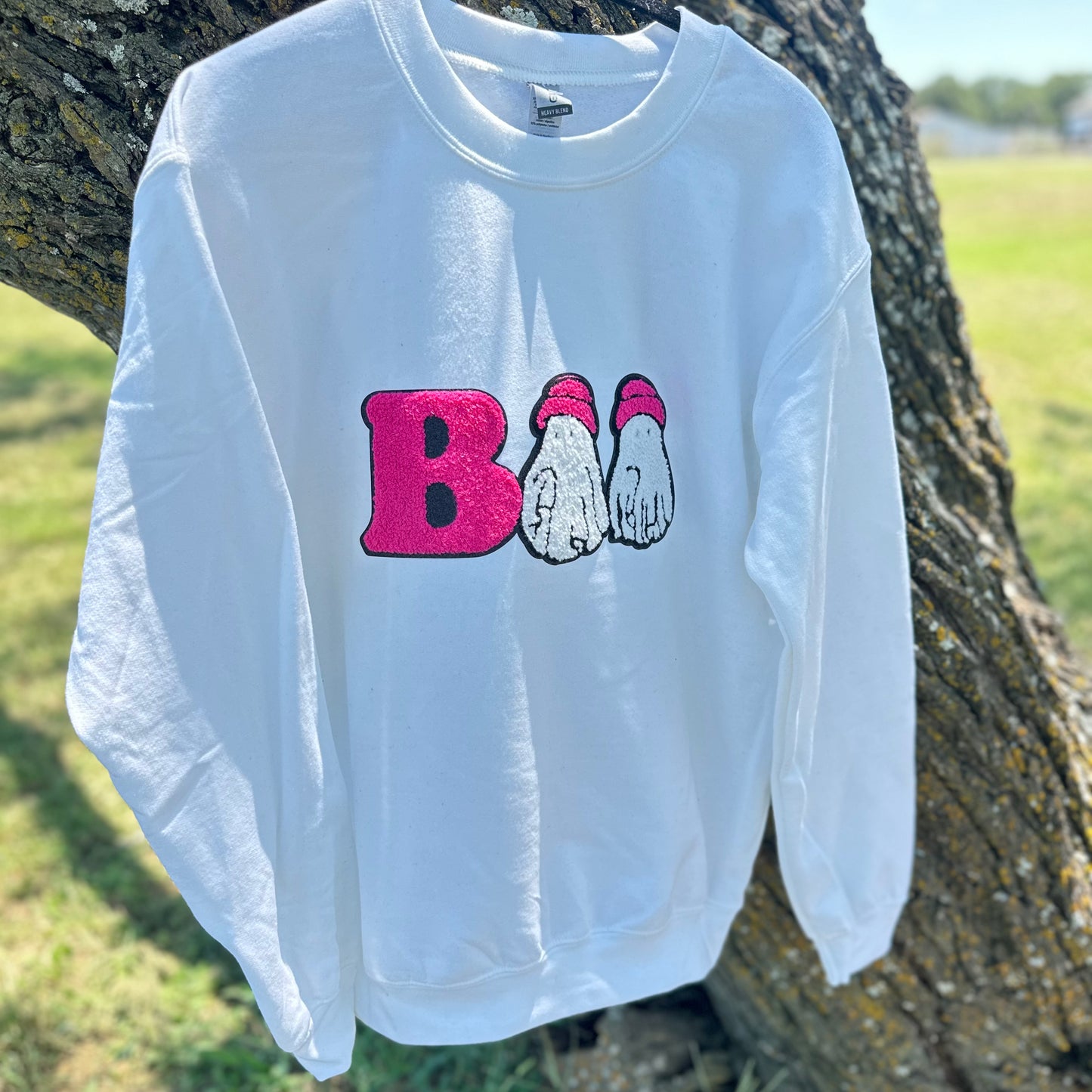 Pink & White Chenille BOO Sweatshirt- White