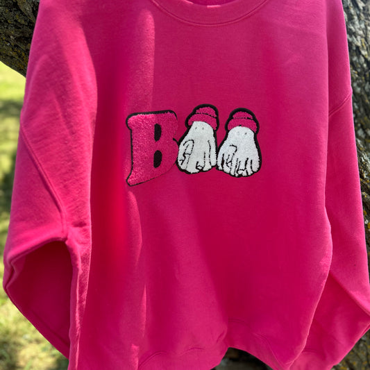 Pink & White Chenille BOO Sweatshirt- Heliconia