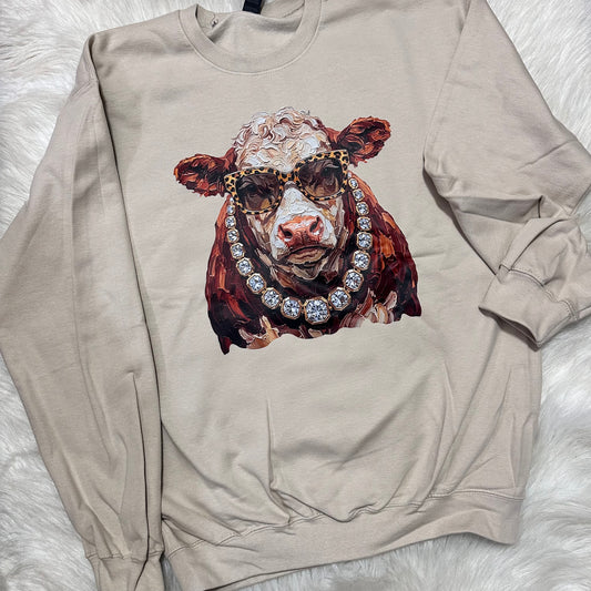 Glam Hereford Cow Sweatshirt- Sand